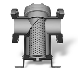 Basket Strainer cutaway showing straining element and flow path